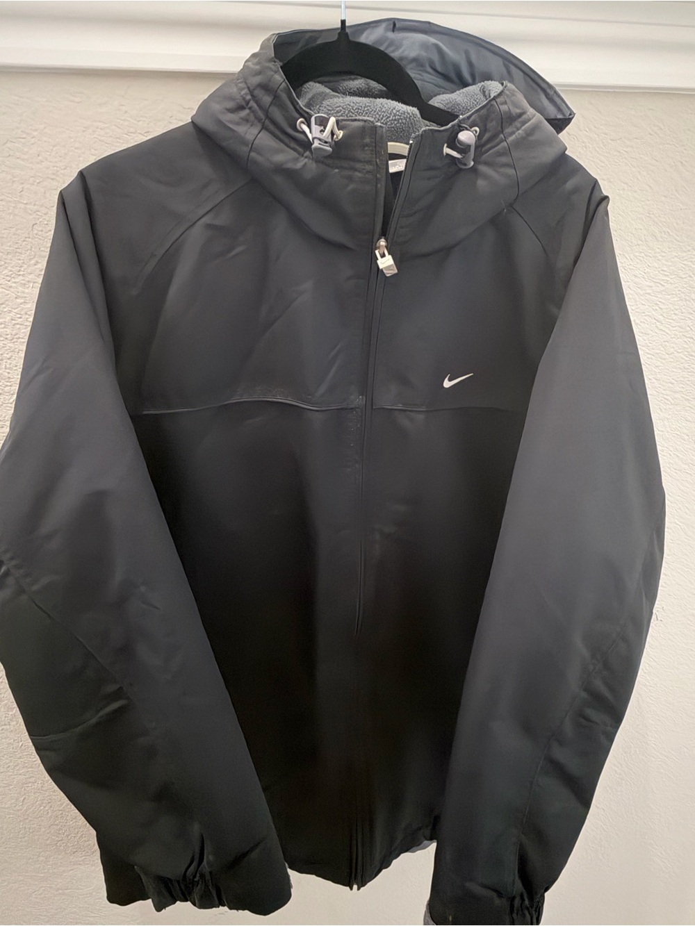 Vintage Nike Men’s Black Hooded Performance Jacket with White Swoosh
